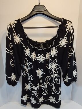 Black Embroidered Peasant Blouse with White Floral Detail
